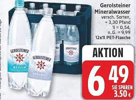 Gerolsteiner Mineralwasser versch. Sorten, + 3,30 Pfand 1l = 0,54, n.g. = 9,99 12x1l PET-Flasche