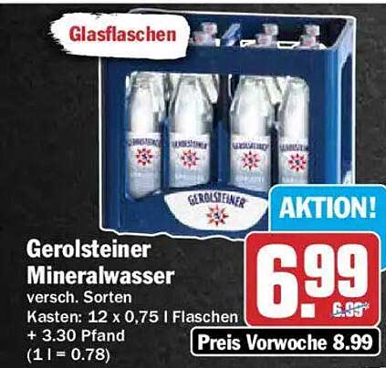 Gerolsteiner Mineralwasser versch. Sorten Kasten: 12 x 0,75 l Flaschen + 3.30 Pfand (1 l = 0.78)