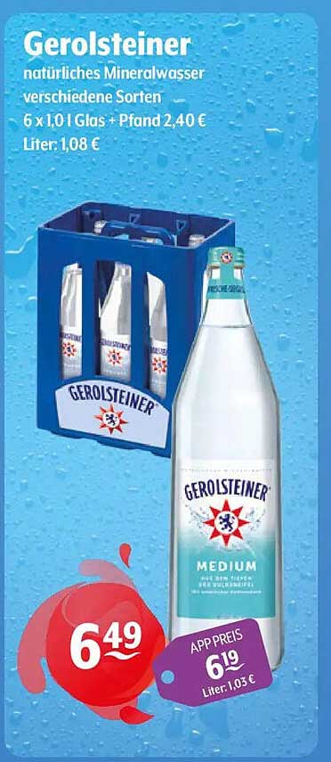 Gerolsteiner natürliches Mineralwasser verschiedene Sorten 6 x 1,0 l Glas + Pfand 2,40 €