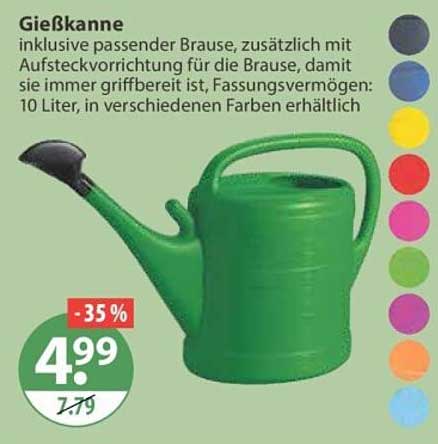 Gießkanne inklusive passender Brause, zusätzlich mit Aufsteckvorrichtung für die Brause, damit sie immer griffbereit ist, Fassungsvermögen: 10 Liter, in verschiedenen Farben erhältlich