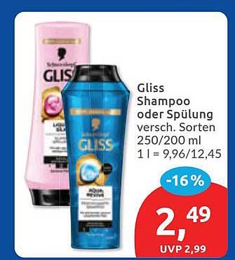 Gliss Shampoo oder Spülung versch. Sorten 250/200 ml 1 l = 9,96/12,45