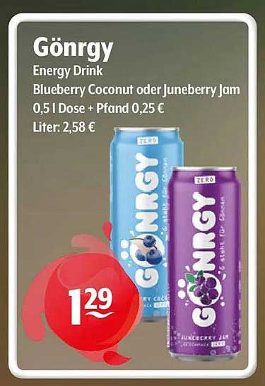 Gönrgy Energy Drink Blueberry Coconut oder Juneberry Jam 0,5 l Dose + Pfand 0,25 €