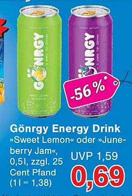 Gönrgy Energy Drink »Sweet Lemon« oder »June-berry Jam«,