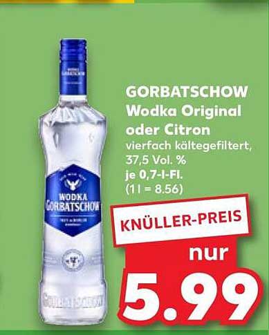 GORBATSCHOW Wodka Original oder Citron vierfach kältegefiltert, 37,5 Vol. % je 0,7-l-Fl. (1 l = 8.56)