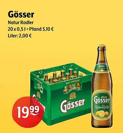 Gösser Natur Radler 20 x 0,5 l + Pfand 3,10 € Liter: 2,00 €