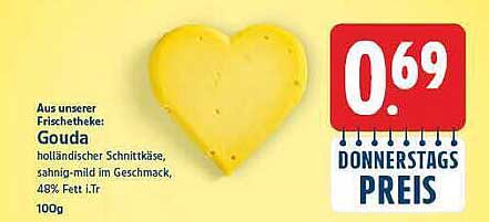 Gouda holländischer Schnittkäse, sahnig-mild im Geschmack, 48% Fett i.Tr 100g