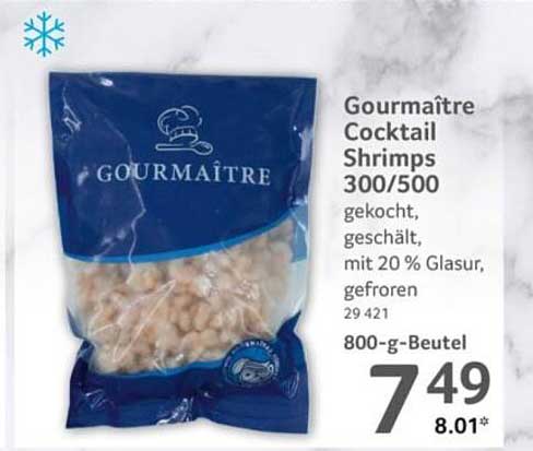 Gourmaître Cocktail Shrimps 300/500 gekocht, geschält, mit 20 % Glasur, gefroren 29 421 800-g-Beutel