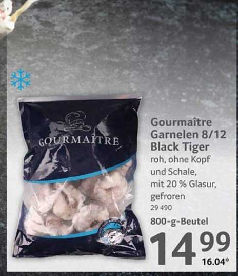 Gourmaitre Garnelen 8/12 Black Tiger roh, ohne Kopf und Schale, mit 20 % Glasur, gefroren 800-g-Beutel