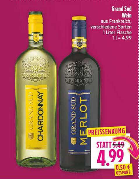 Grand Sud Wein aus Frankreich, verschiedene Sorten 1 Liter Flasche 1 l = 4,99