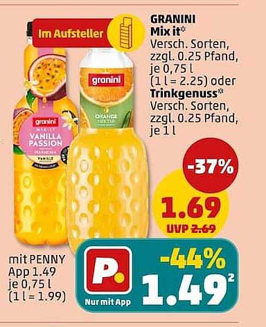 GRANINI Mix it* Versch. Sorten, zzgl. 0.25 Pfand, je 0,75 l (1 l = 2.25) oder Trinkgenuss* Versch. Sorten, zzgl. 0.25 Pfand, je 1 l