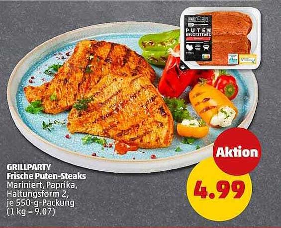 GRILLPARTY Frische Puten-Steaks Marinert, Paprika, Haltungsform 2, je 550-g-Packung (1 kg = 9.07)