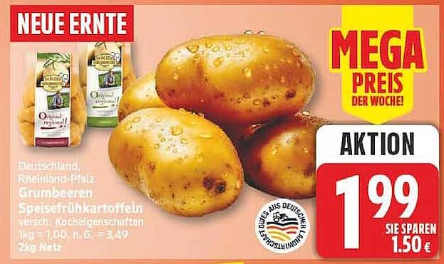 Grumbeeren Speisefrühkartoffeln frisch, Kochsalzkartoffeln 1kg = 1,00, 3kg Netz