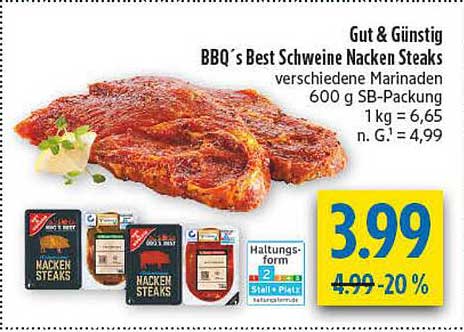 Gut & Günstig BBQ´s Best Schweine Nacken Steaks verschiedene Marinaden 600 g SB-Packung 1 kg = 6,65 n. G.¹ = 4,99