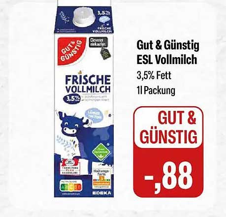 Gut & Günstig ESL Vollmilch 3,5% Fett 1l Packung