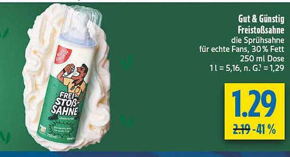 Gut & Günstig Freistolsahne die Sprühsahne für echte Fans, 30% Fett 250 ml Dose