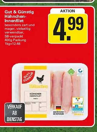 Gut & Günstig Hähnchen-Innenfilet besonders zart und mager, vielseitig verwendbar, SB-verpackt 400g Packung 1kg=12.48