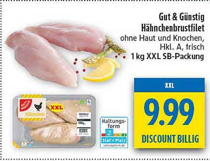 Gut & Günstig Hähnchenbrustfilet, ohne Haut und Knochen, Hkl. A, frisch, 1 kg XXL SB-Packung