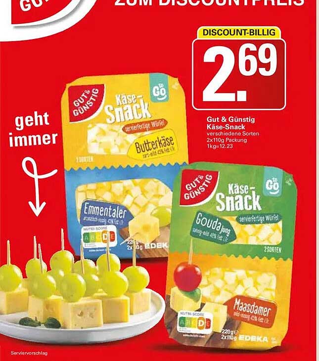 Gut & Günstig Käse-Snack verschiedene Sorten 2x110 g Packung 1 kg = 12.23