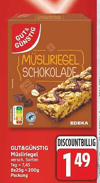 GUT & GÜNSTIG Müsliriegel versch. Sorten 1kg = 7,45 8x25g = 200g Packung