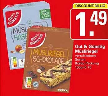 Gut & Günstig Müsliriegel verschiedene Sorten 8x25g Packung 100g=0.75