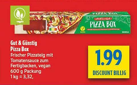 Gut & Günstig Pizza Box Frischer Pizzateig mit Tomatensauce zum Fertigbacken, vegan 600 g Packung 1 kg = 3,32