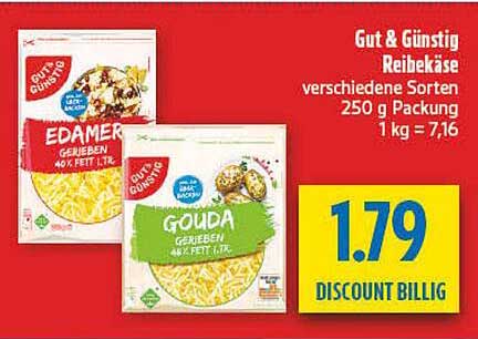 Gut & Günstig Reibekäse verschiedene Sorten 250 g Packung 1 kg = 7,16