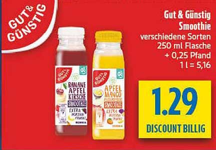 Gut & Günstig Smoothie verschiedene Sorten 250 ml Flasche + 0,25 Pfand 1 l = 5,16