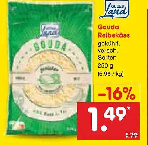 Gutes Land Gouda Reibekäse gekühlt, versch. Sorten 250 g (5.96 / kg)