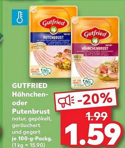 GUTFRIED Hähnchen- oder Putenbrust natur, gepökelt, geräuchert und gegart je 100-g-Packg.