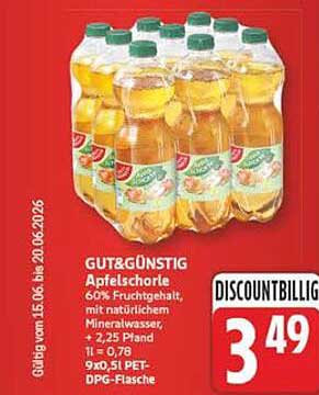 GUT&GÜNSTIG Apfelschorle 60% Fruchtgehalt, mit natürlichem Mineralwasser, 1,5 Liter PET-DPG-Flasche