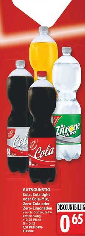 GUT&GÜNSTIG Cola, Cola Light oder Cola-Mix, Zero-Cola oder Zero-Limonaden (markenabhängig, evtl. plus Pfand)
