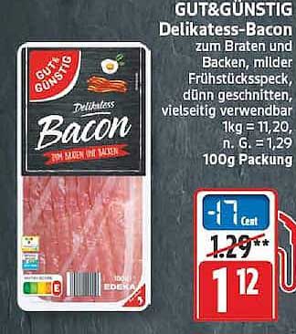 GUT&GÜNSTIG Delikatess-Bacon zum Braten und Backen, milder Frühstücksspeck, dünn geschnitten, vielseitig verwendbar