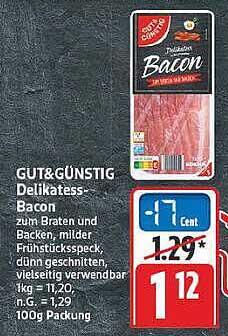 GUT&GÜNSTIG Delikatess-Bacon zum Braten und Backen, mildgeräuchert, dünn geschnitten, vielseitig verwendbar