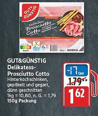 GUT&GÜNSTIG Delikatess-Prosciutto Cotto Hinterkochschinken, gepökelt und gegart, dünn geschnitten