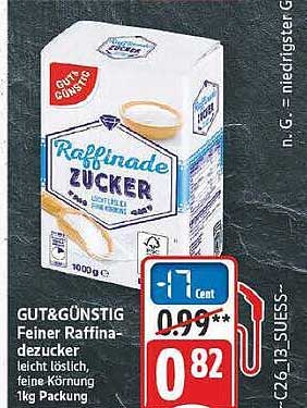 GUT&GÜNSTIG Feiner Raffinadezucker, leicht löslich, feine Körnung, 1 kg Packung