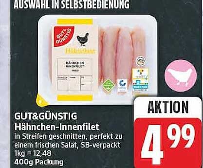 GUT&GÜNSTIG Hähnchen-Innenfilet in Streifen geschnitten, perfekt zu einem frischen Salat, SB-verpackt 1kg = 12.48 400g Packung