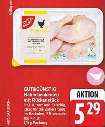 GUT&GÜNSTIG Hähnchenkeulen mit Rückenstück HKL A, zart und fleischig, ideal für die Zubereitung im Backofen, SB-verpackt 1kg = 4,81 1,1 kg Packung