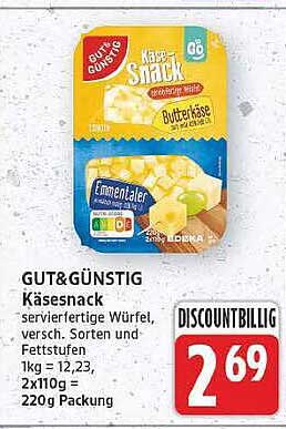 GUT&GÜNSTIG Käsesnack servierfertige Würfel, versch. Sorten und Fettstufen 1kg = 12,23, 2x110g = 220g Packung