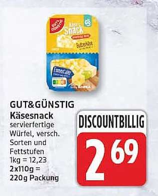 GUT&GÜNSTIG Käsesnack servierfertige Würfel, versch. Sorten und Fettstufen 1kg = 12,23 2x110g = 220g Packung DISCOUNTBILLIG