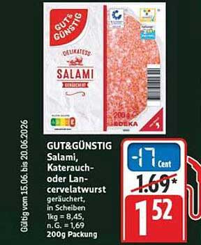 GUT&GÜNSTIG Salami, Katenrauch- oder Lachs- cervelatwurst geräuchert, in Scheiben