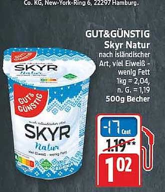 GUT&GÜNSTIG Skyr Natur nach Isländischer Art, viel Eiweiß, wenig Fett 1kg = 2,04, n. G. = 1,19 500g Becher