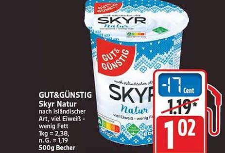 GUT&GÜNSTIG Skyr Natur nach isländischer Art, viel Eiweiß - wenig Fett 1kg = 2,38, n. G. = 3,99 500g Becher