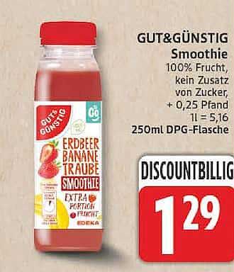 GUT&GÜNSTIG Smoothie 100% Frucht, kein Zusatz von Zucker, + 0,25 Pfand 1 l = 5,16 250ml DPG-Flasche