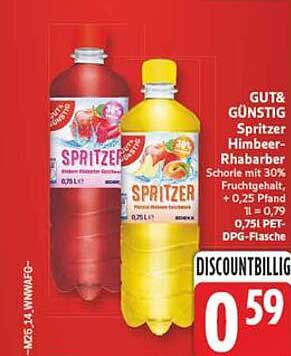 GUT&GÜNSTIG Spritzer Himbeer-Rhabarber mit 30% Fruchtgehalt, +0,25 Pfand, 1 l = 0,79, 0,75 l PET-DPG-Flasche