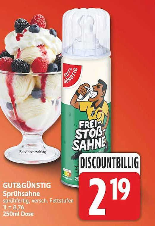 GUT&GÜNSTIG Sprühsahne sprühfertig, versch. Fettstufen 1l = 8,76 250ml Dose