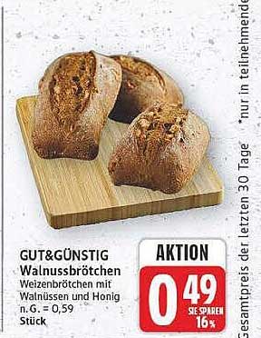GUT&GÜNSTIG Walnussbrötchen Weizenbrötchen mit Walnüssen und Honig n.G. = 0,59 Stück
