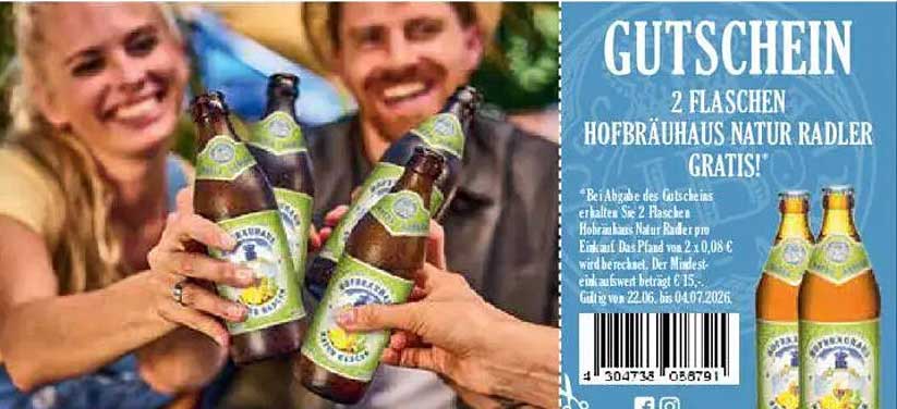 GUTSCHEIN 2 FLASCHEN HOFBRÄUHAUS NATUR RADLER GRATIS!