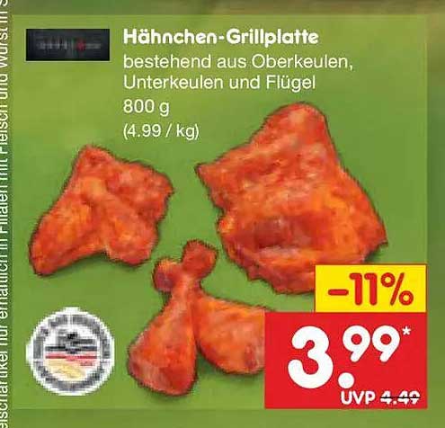 Hähnchen-Grillplatte bestehend aus Oberkeulen, Unterkeulen und Flügel 800 g (4.99 / kg)