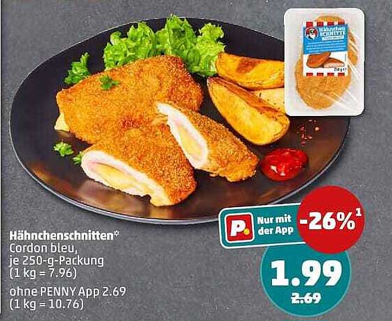Hähnchenschnitte Cordon bleu, je 250-g-Packung (1 kg = 7.96) ohne PENNY App 2.69 (1 kg = 10.76)