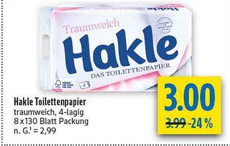 Hakle Toilettenpapier traumweich, 4-lagig 8 x 130 Blatt Packung n. G¹ = 2,99
